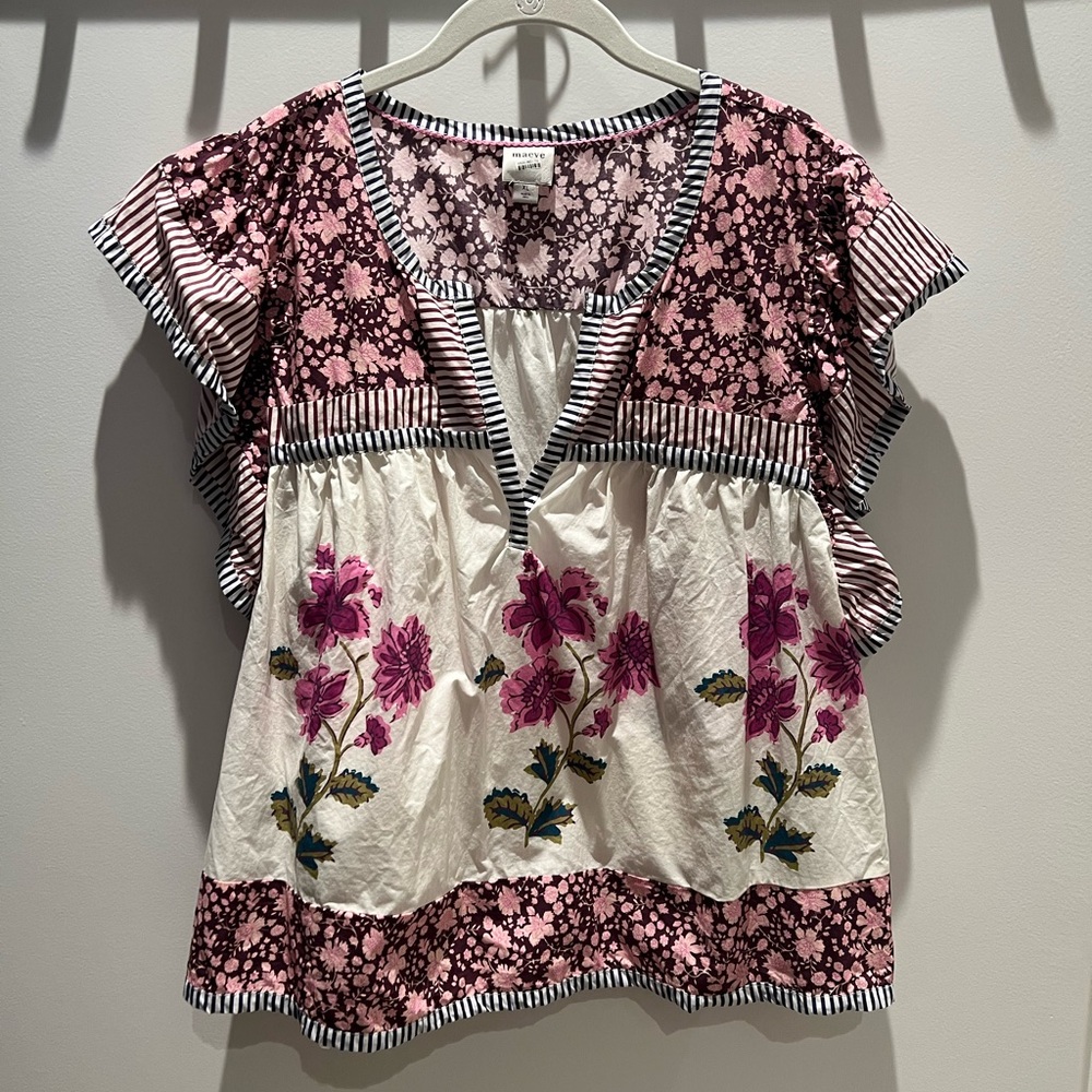 Maeve Pink Ruffled Cap Sleeve Blouse